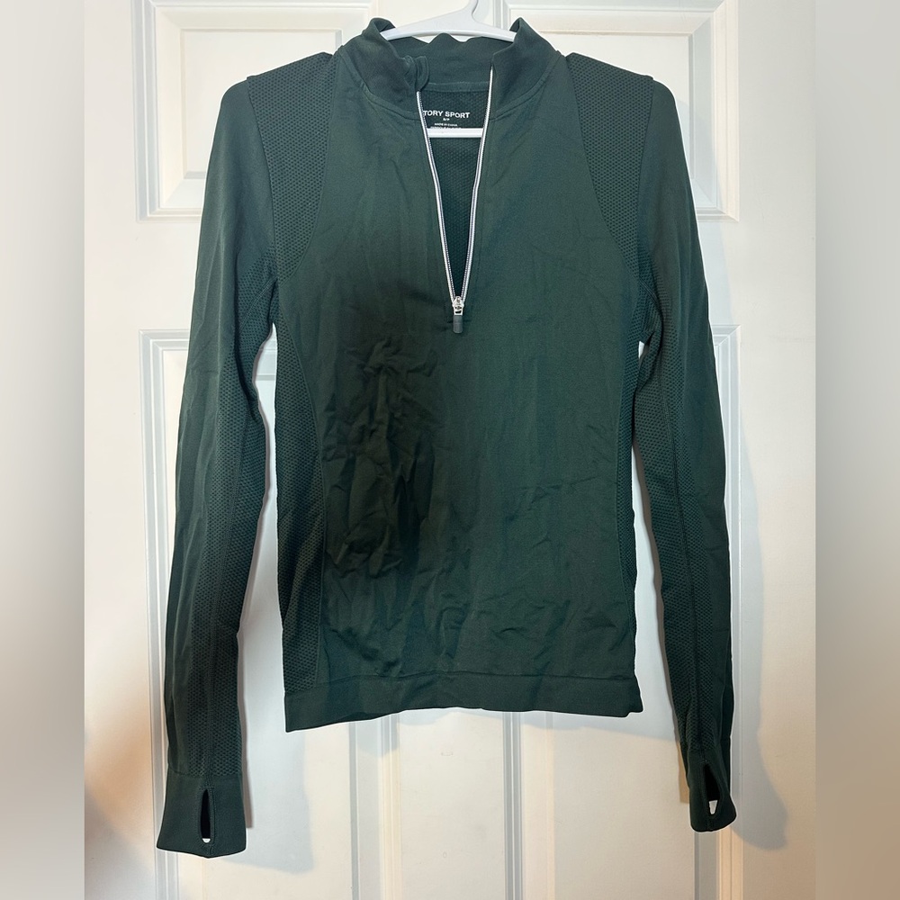 Tory Sport (by Tory Burch) Green Quarter Zip Seamless Pullover with Thumb Holes